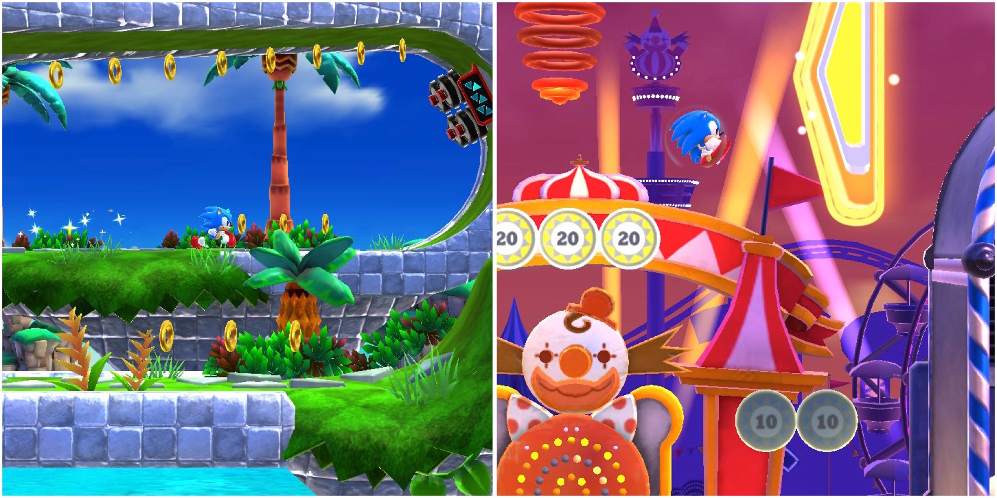 Playing a level in the Bridge Island and Pinball Carnival Zone in Sonic Superstars