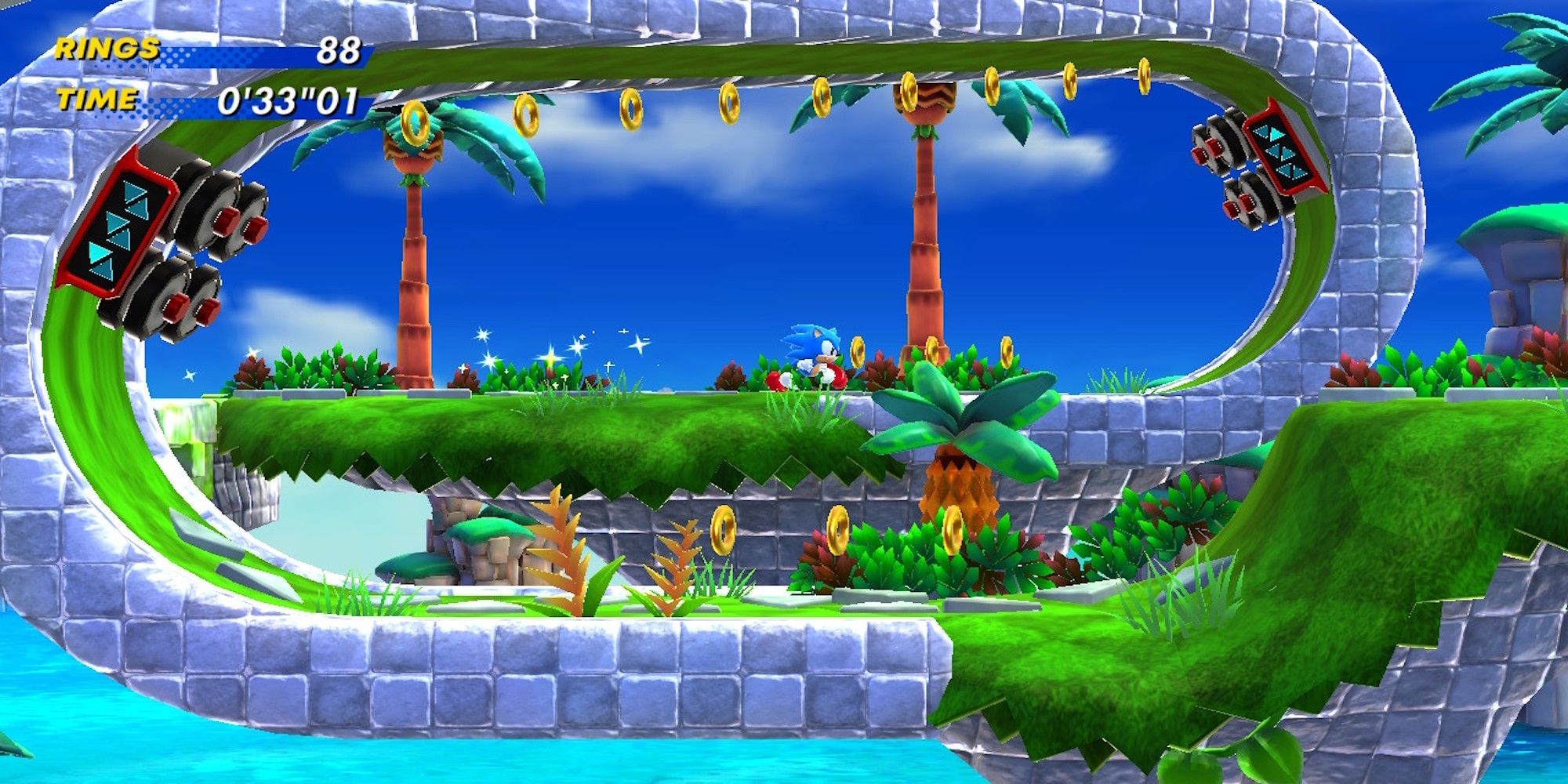 Playing a level in the Bridge Island Zone in Sonic Superstars