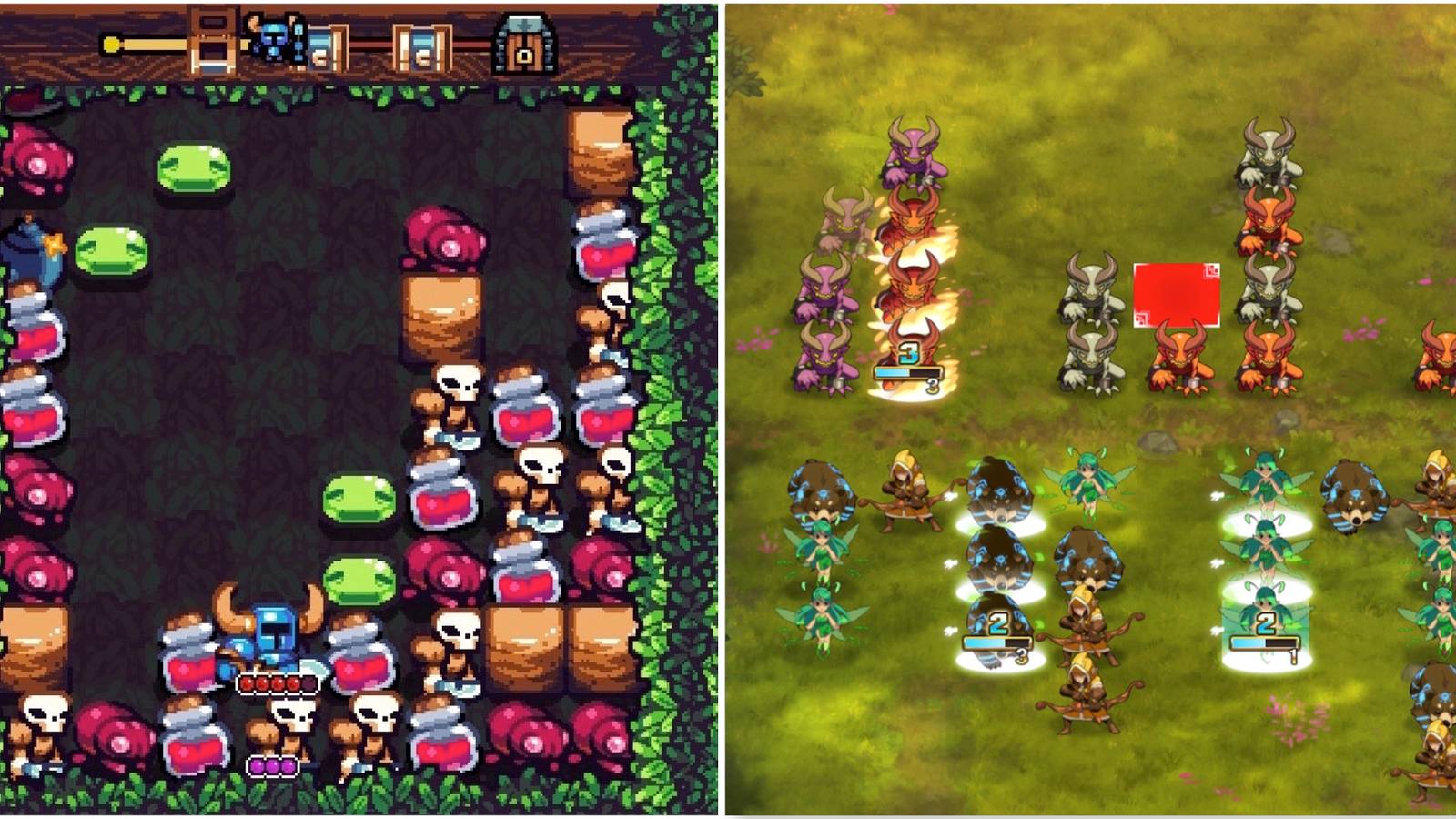 Playing a match in Shovel Knight Pocket Dungeon and Might & Magic Clash of Heroes