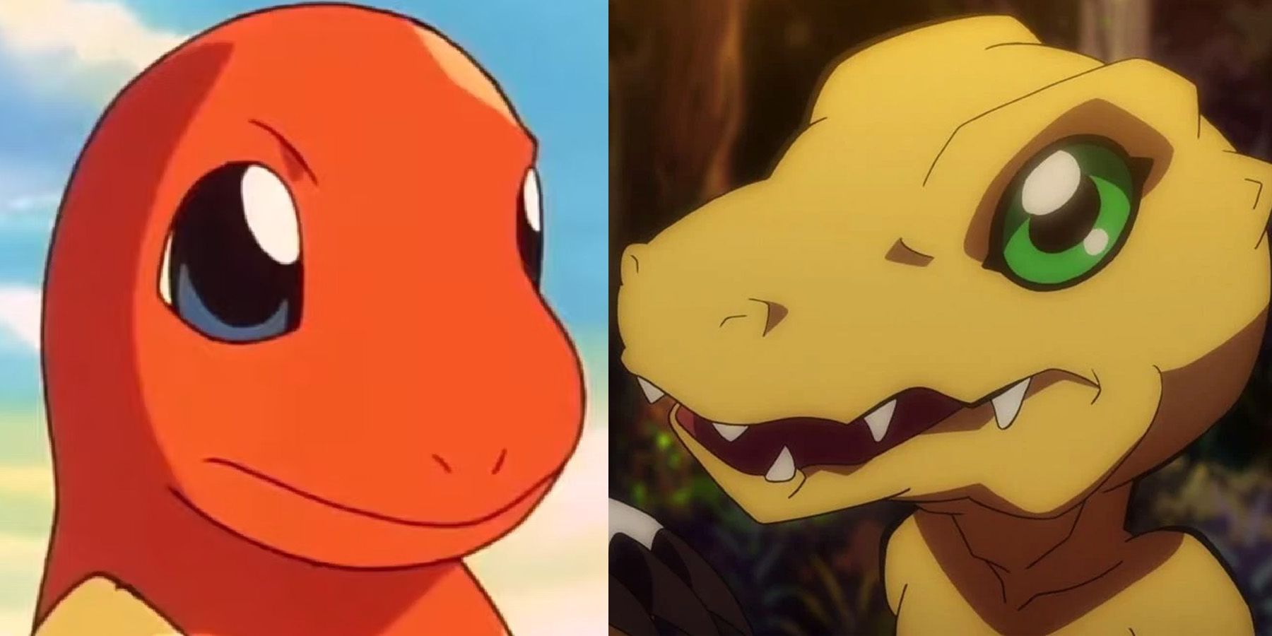 A close-up splitscreen image of Charmander from Pokemon and Augmon from Digimon.
