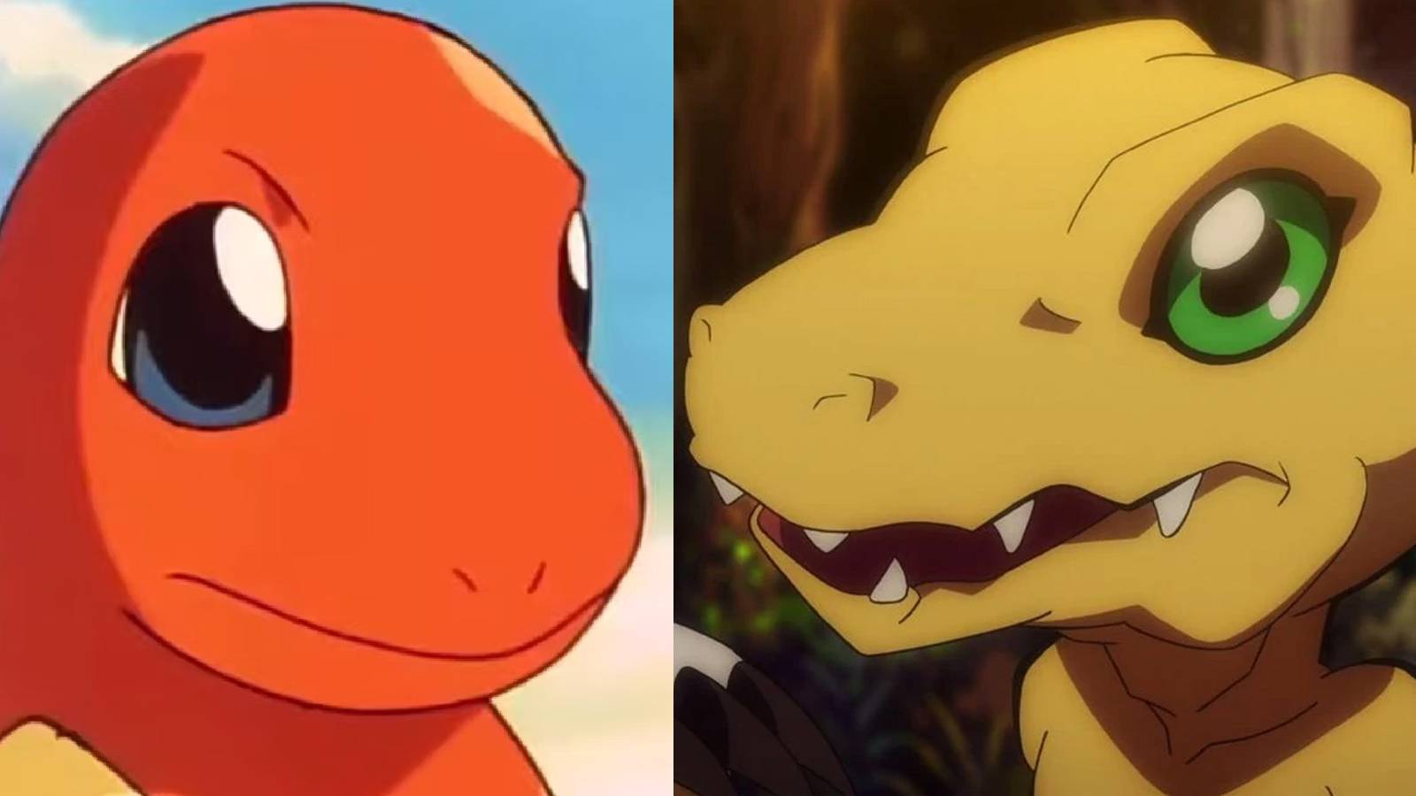 A close-up splitscreen image of Charmander from Pokemon and Augmon from Digimon.