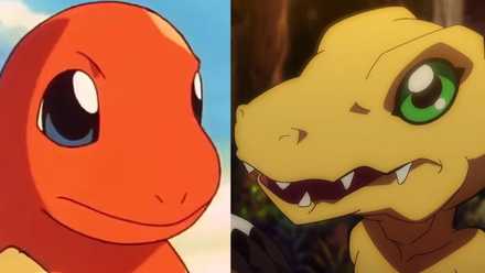Detailed split image of Charmander from Pokemon and Augmon from Digimon.