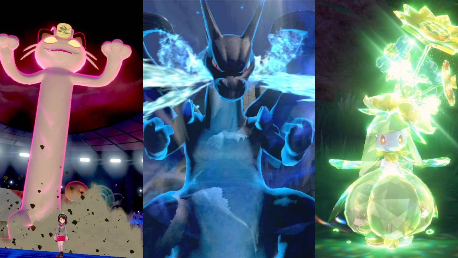 Gigantamax Meowth, Mega Charizard X, and Terastallized Lilligant from various Pokemon games