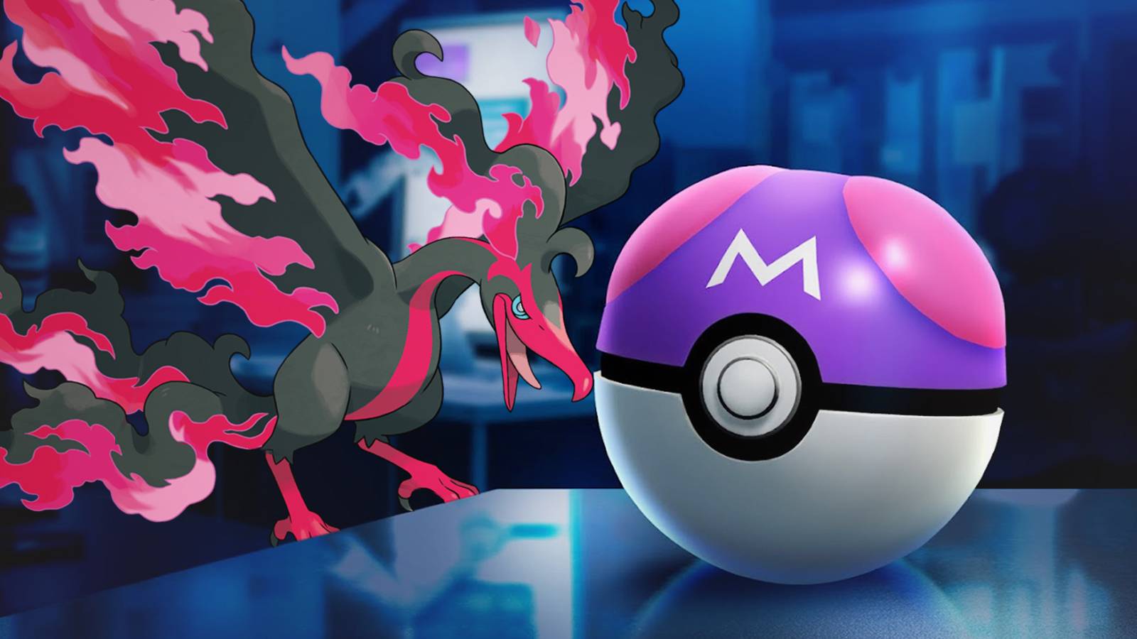Pokemon GO Galarian Moltres next to Master Ball composite