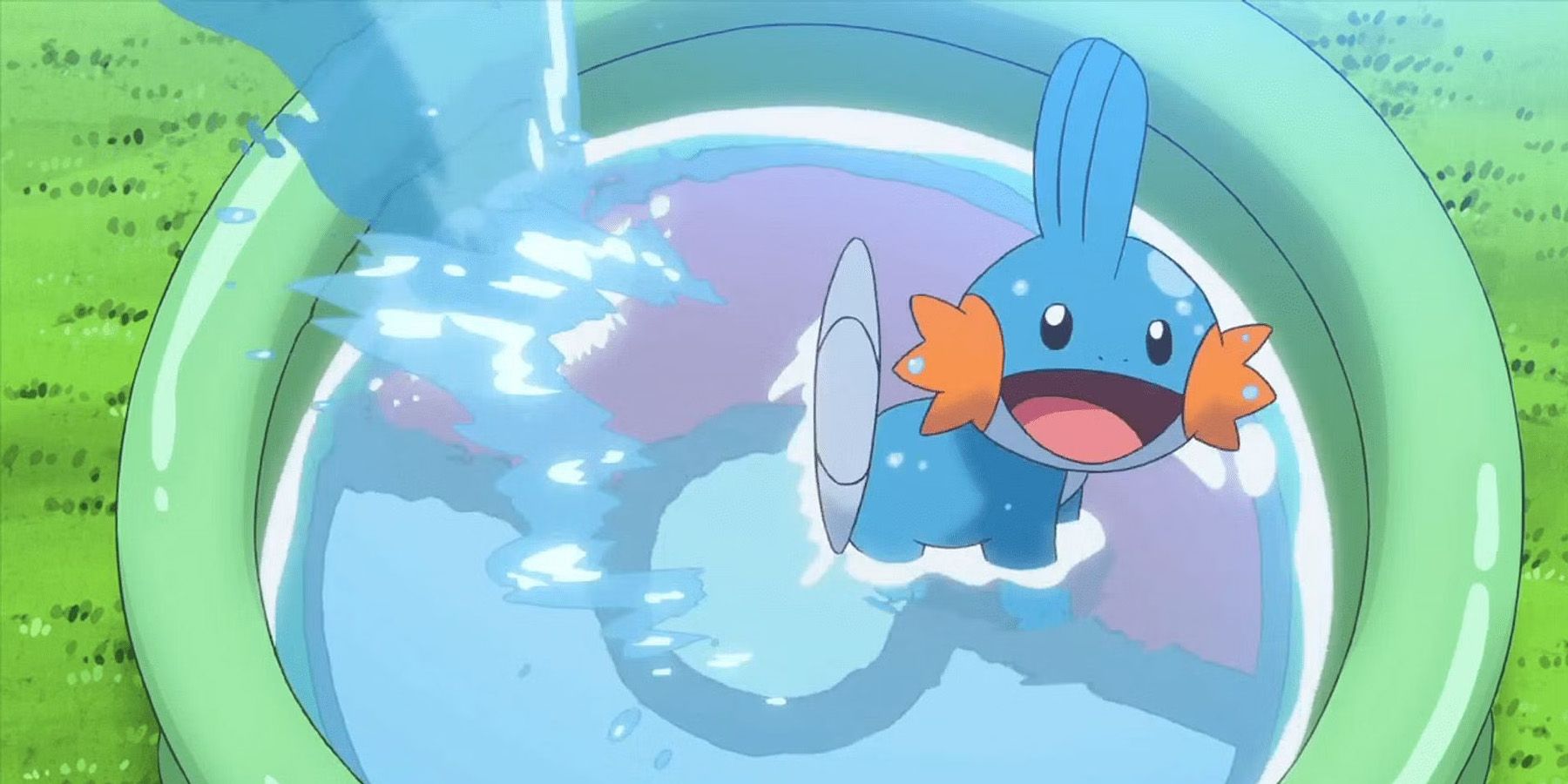 A screenshot of Mudkip playing in a Poke Ball-themed pool in the Pokemon anime.