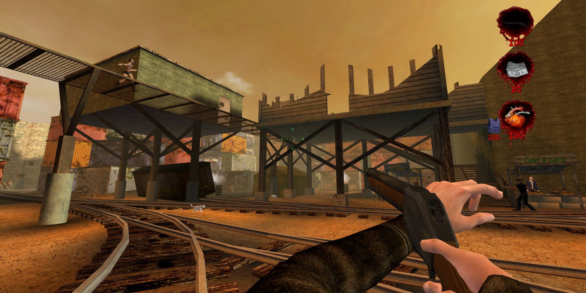 A junkyard town near train tracks. The protagonist is aiming a shotgun
