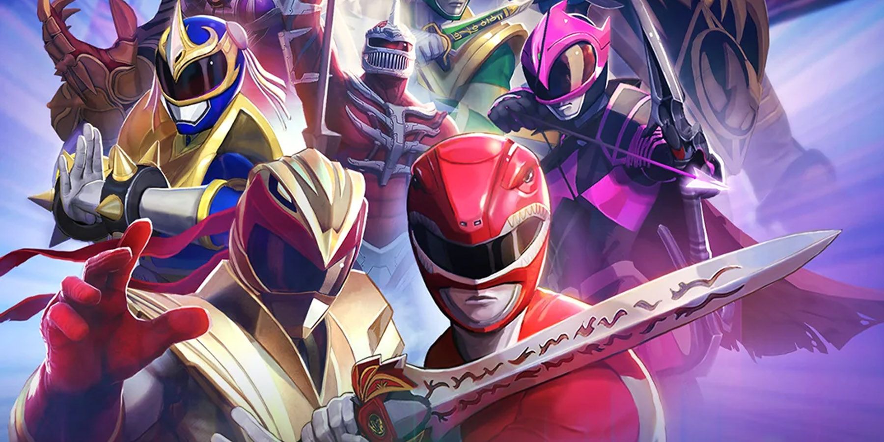 Red Ranger with sword and Ryu Ranger up front, with Chun-Li ranger and Ranger Slayer aiming her bow in the midground, and Lord Zedd in the background.