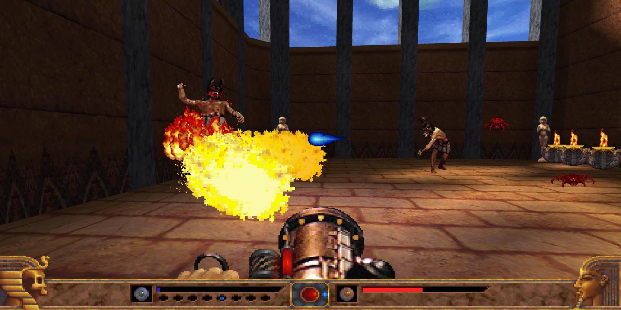 A flamethrower incinerating an enemy in an Egyptian-looking room, with an enemy and red spider nearby