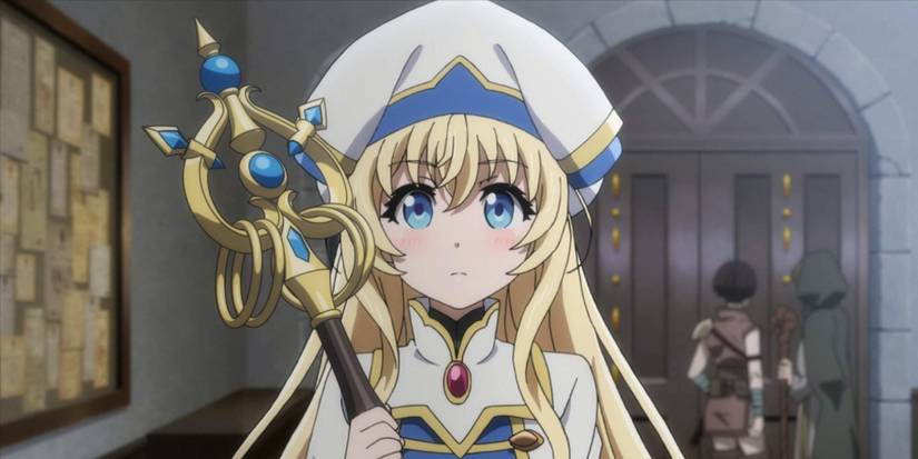 Priestess Blushing While Speaking To Goblin Slayer In The Adventurer's Guild