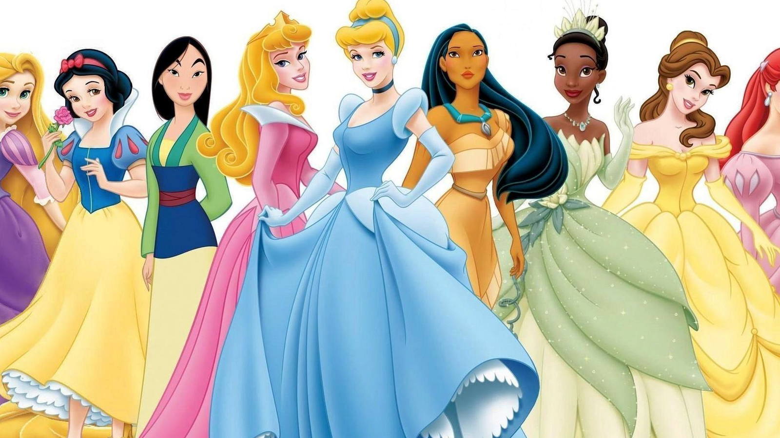 Disney Princesses: Rapunzel, Snow White, Mulan, Aurora, Cinderella, Tiana, Belle, and Ariel