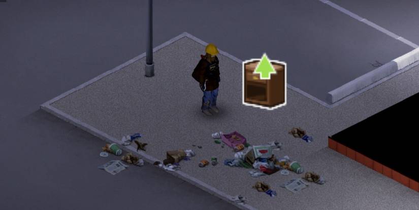 Project Zomboid player standing near trash with the pick up icon nearby