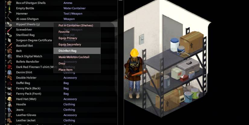 Project Zomboid menu - a Ripped Sheet has been clicked, showing the 'disinfect rag' option in a submenu