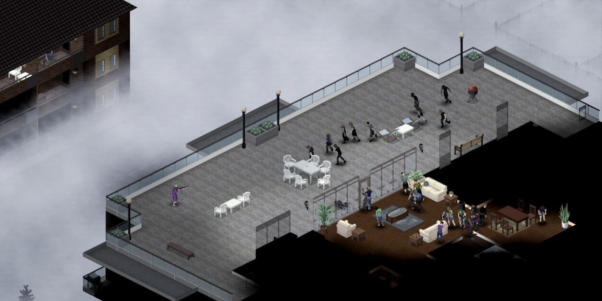 A player defending themselves from zombies on a rooftop in Project Zomboid