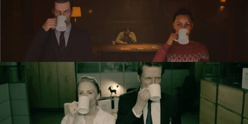 Split image showing characters from Quantum Break and Alan Wake 2 drinking coffee.