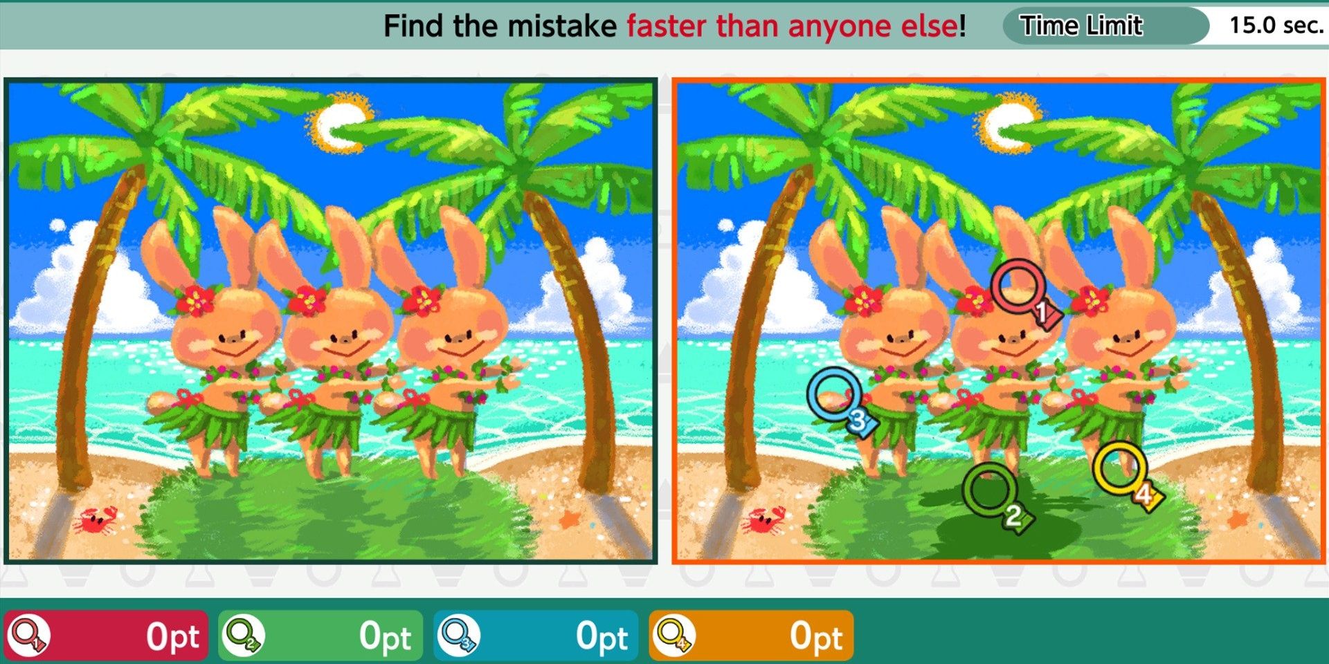 Two images of three rabbits hula-dancing on an island where there are differences between the images and four players have magnifying glasses to find the mistakes in QuickSpot