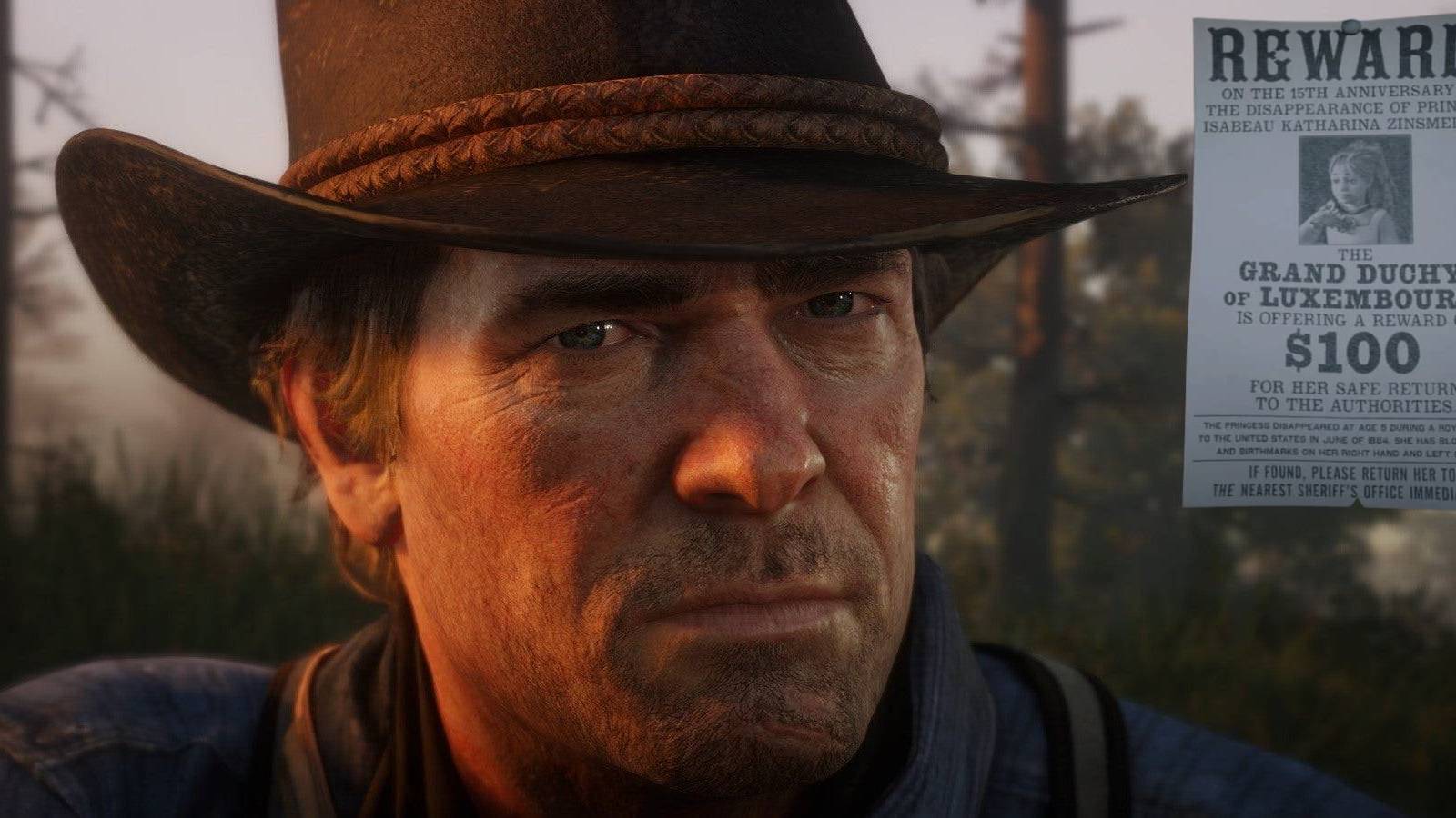 Arthur Morgan with the princess' missing poster from Red Dead Redemption 2