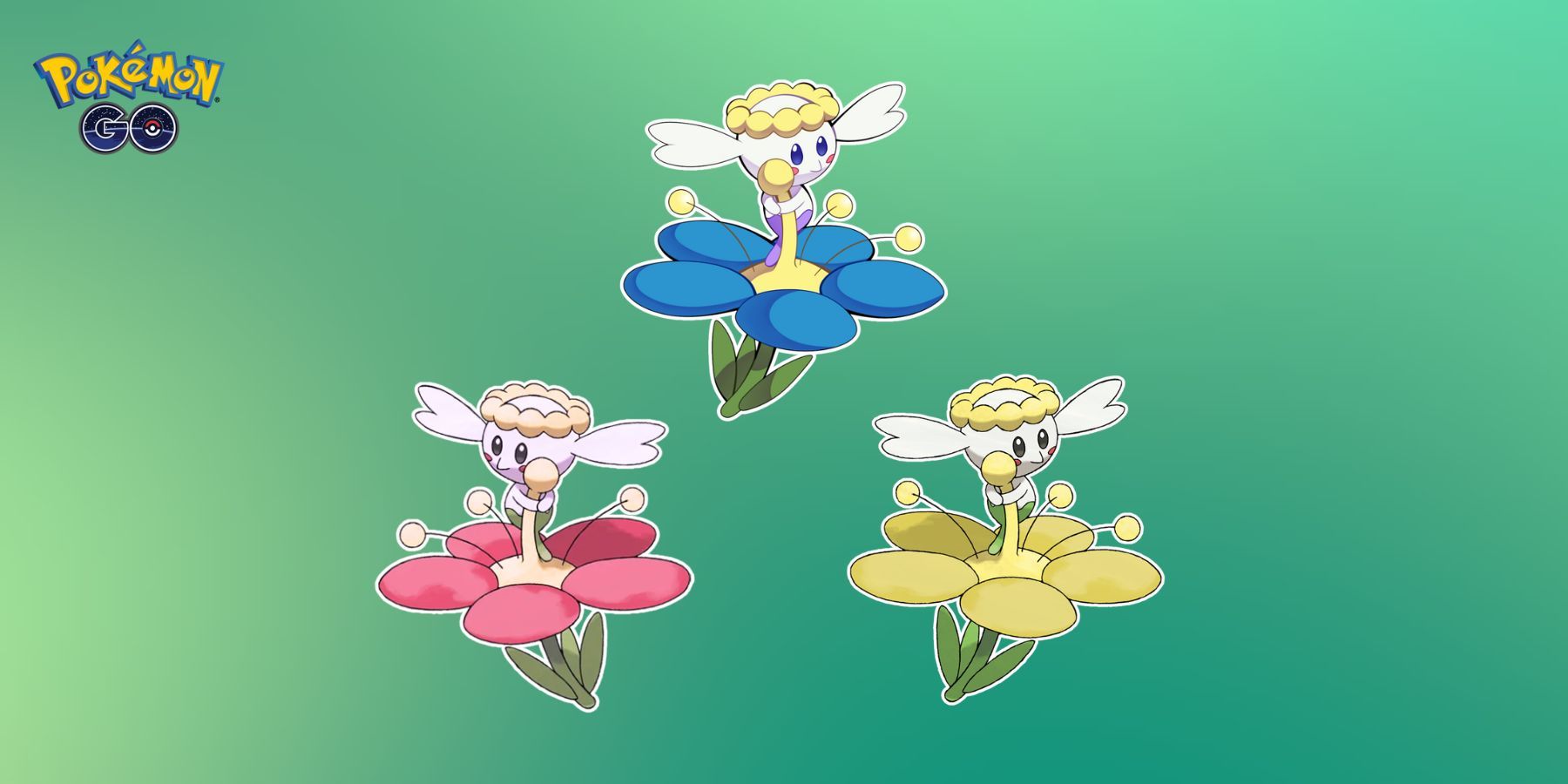 Red Flower Flabebe, Yellow Flower Flabebe, and Blue Flower Flabebe in Pokemon GO