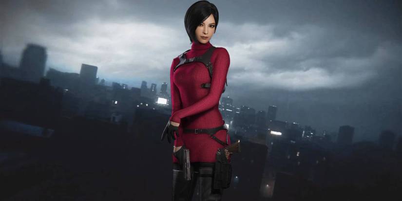 Ada Wong over the skyline of Raccoon City from Resident Evil