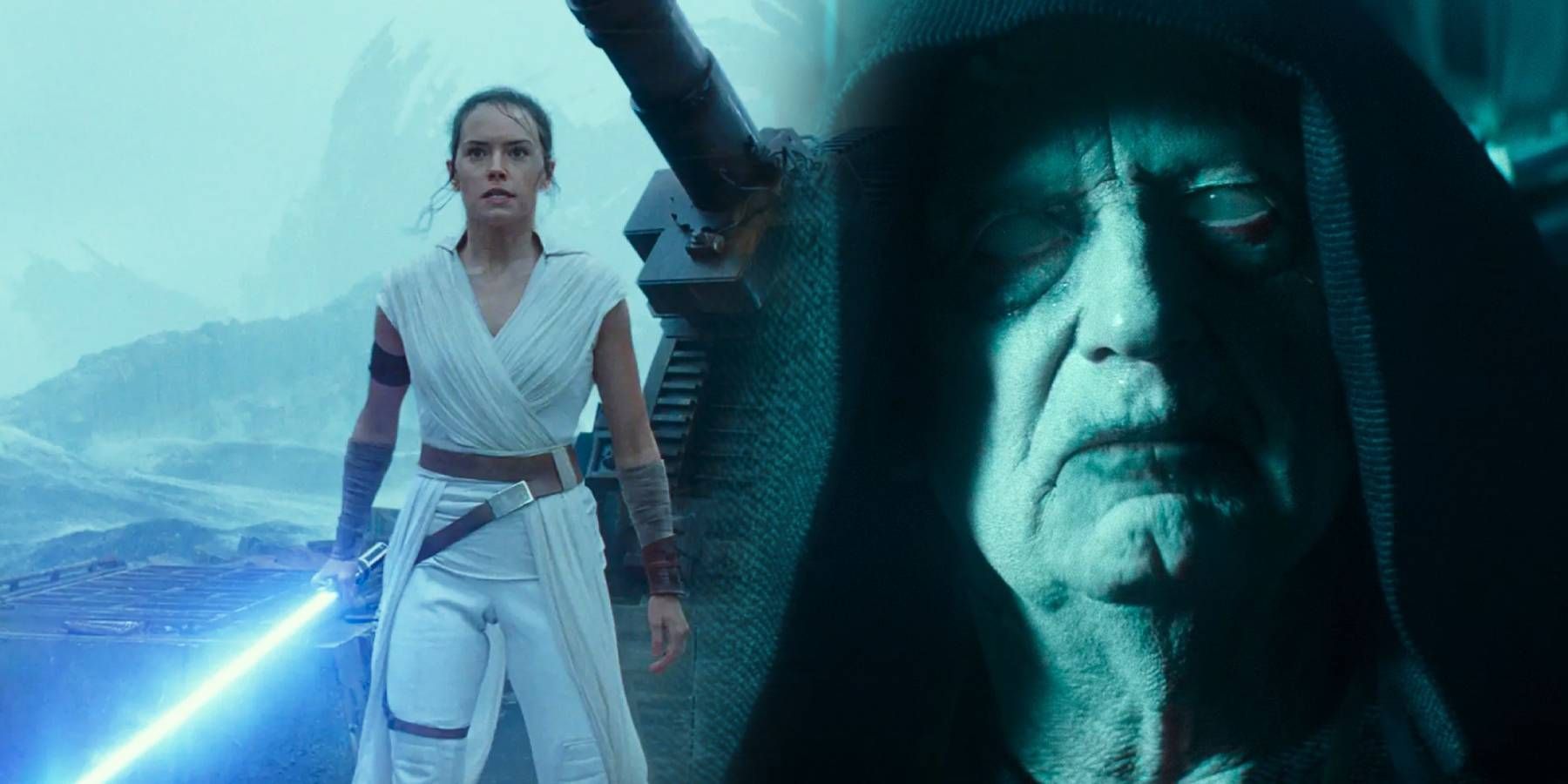 Daisy Ridley as Rey Skywalker and Ian McDiarmid as Emperor Sheev Palpatine in Star Wars: Episode IX: The Rise of Skywalker