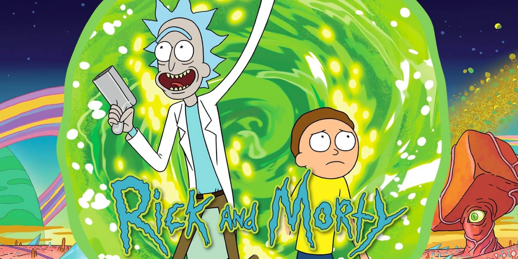 Cropped poster of the show Rick and Morty featuring an excited Rick Sanchez and worried Morty Smith coming out of a portal