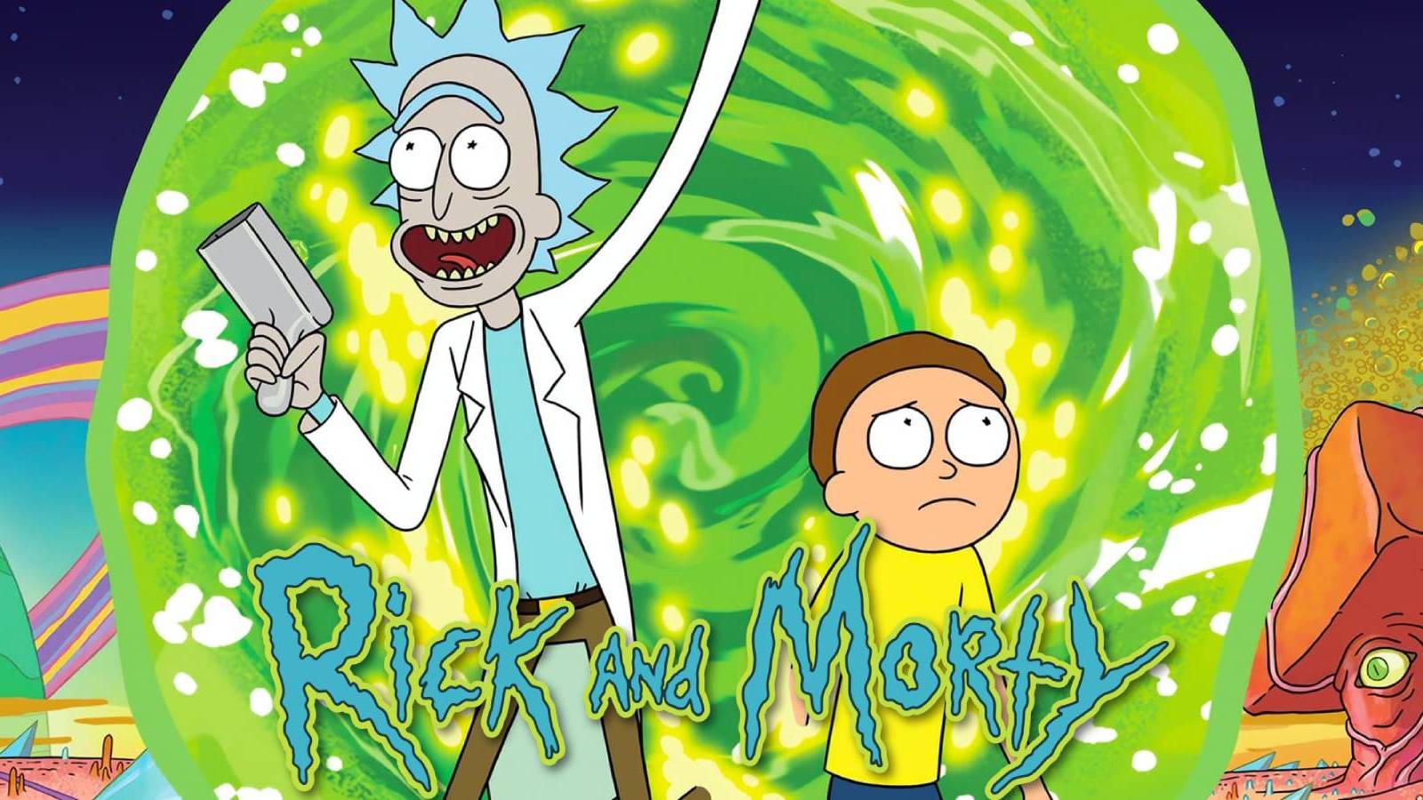 Cropped poster of the show Rick and Morty featuring an excited Rick Sanchez and worried Morty Smith coming out of a portal