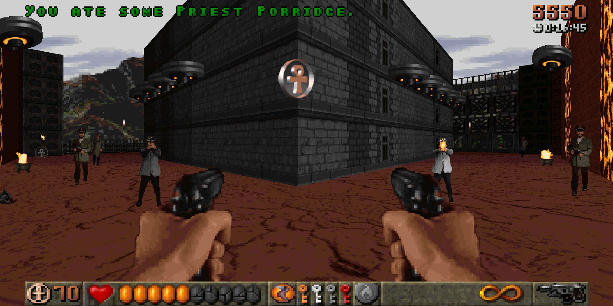 Two pistols aimed at a structure, with enemies, float pads and a pick-up above