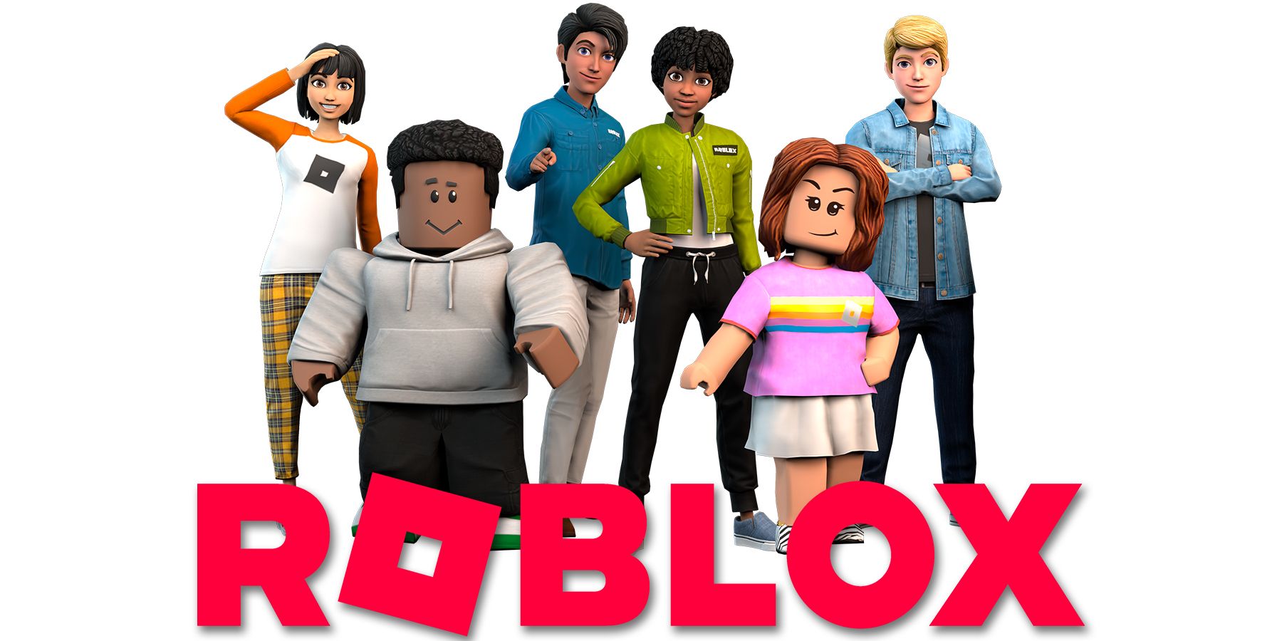 Roblox character lineup with magenta game logo
