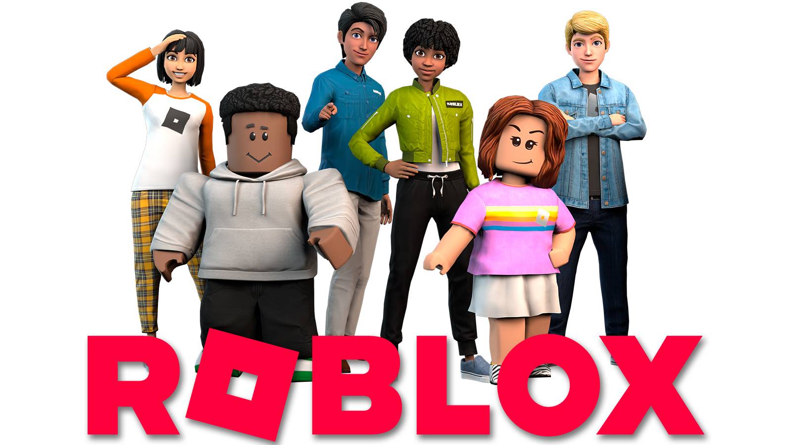 Roblox character lineup with magenta game logo