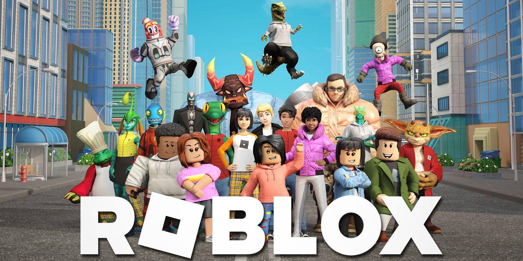 Roblox city character artwork with game logo