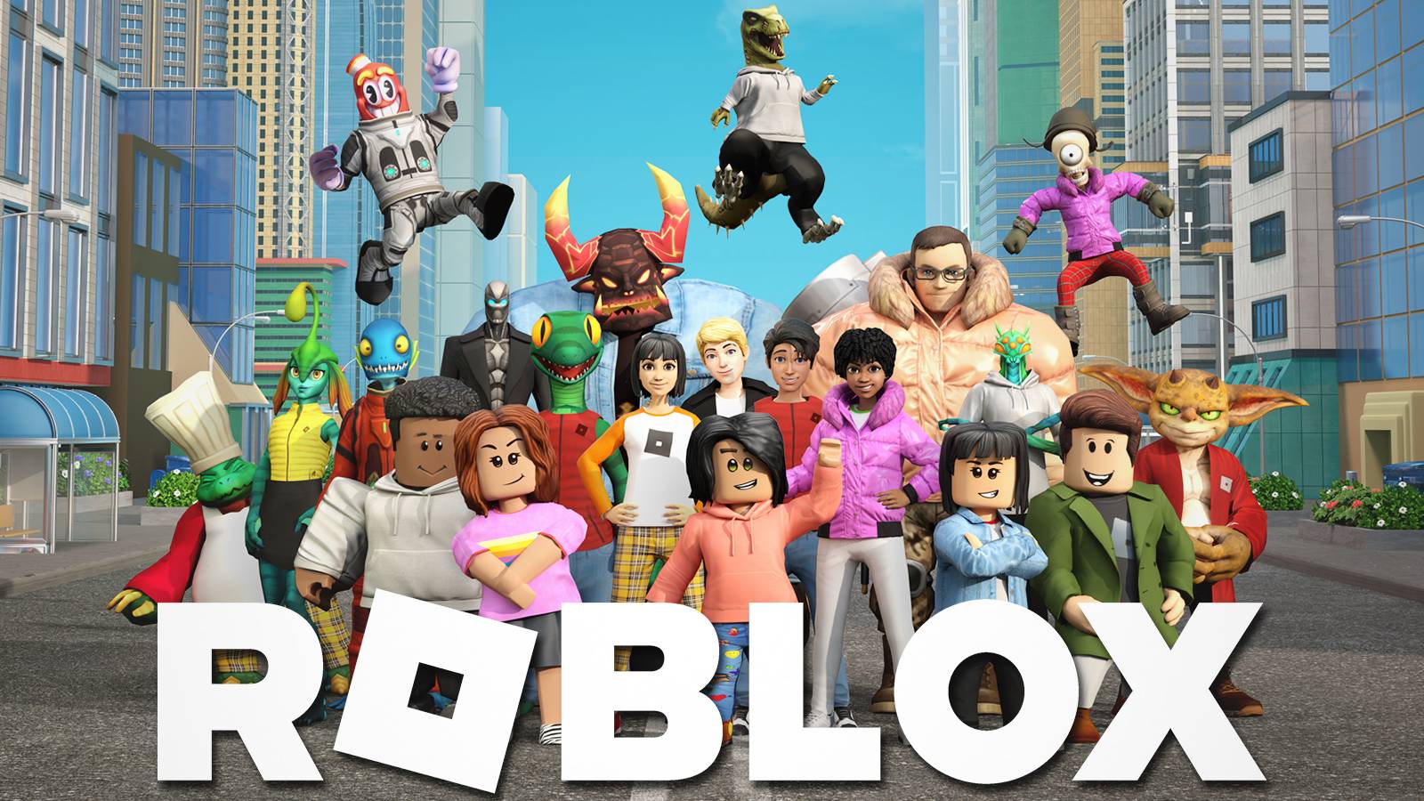 Roblox city character artwork with game logo