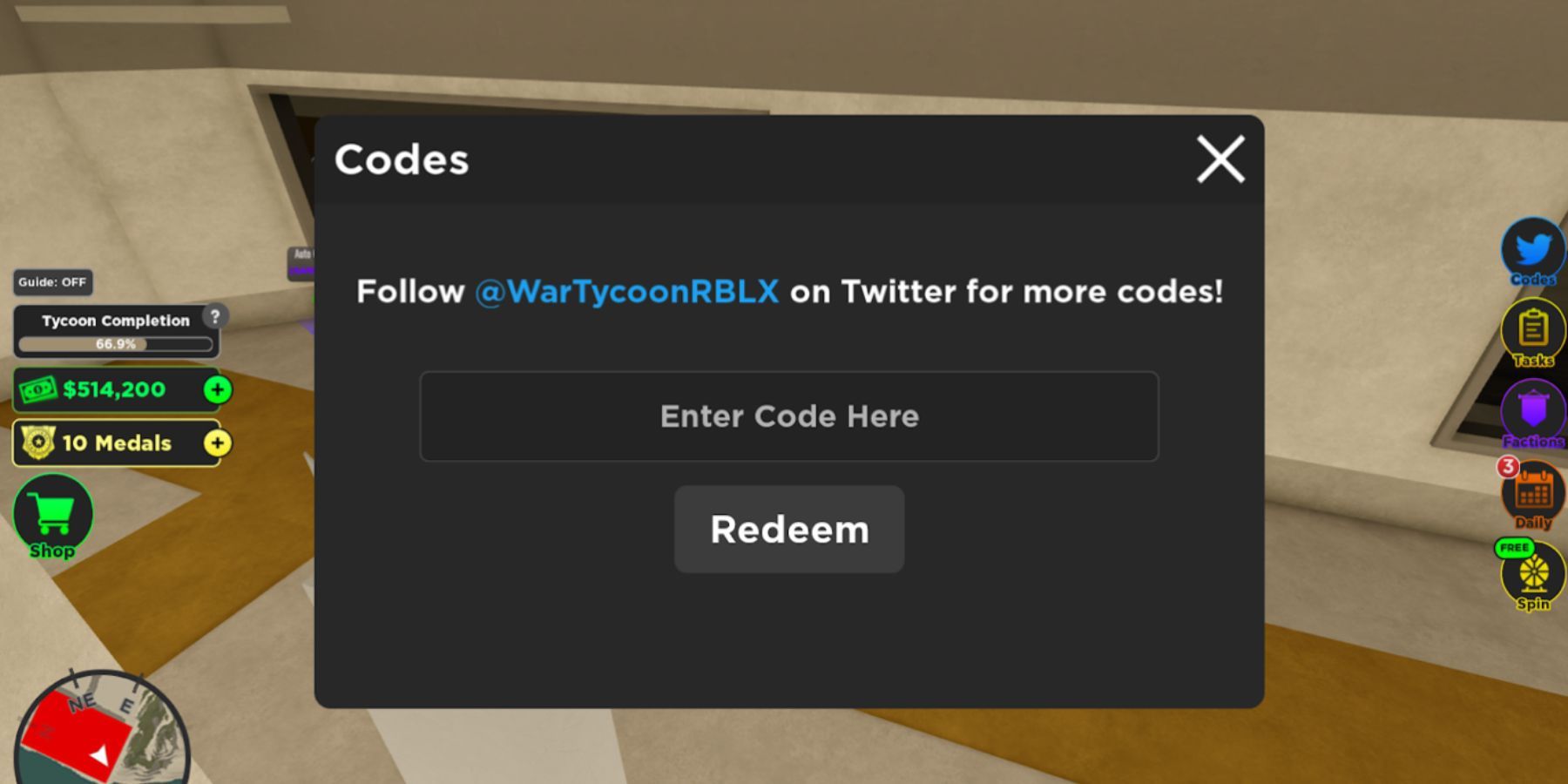 Roblox War Tycoon: the Codes button