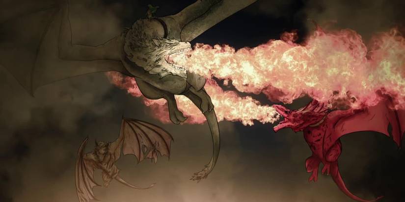 Three dragons firebreathing in midair