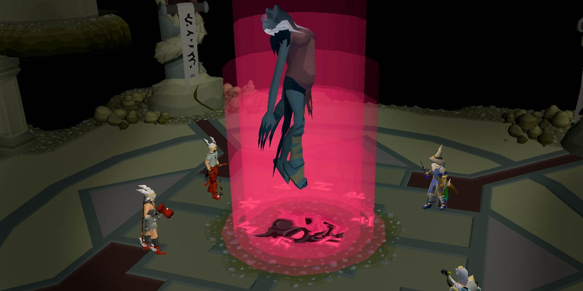 An image of the character elevating while it is surrounded by foes.