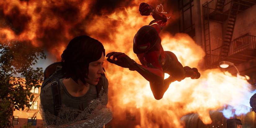 Miles punching an enemy with fire behind him
