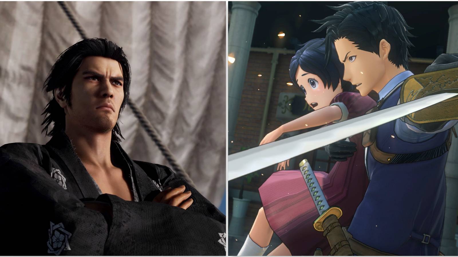 Sakamoto in Like a Dragon Ishin and Seijuro Kamiyama saving a little girl in Sakura Wars-2