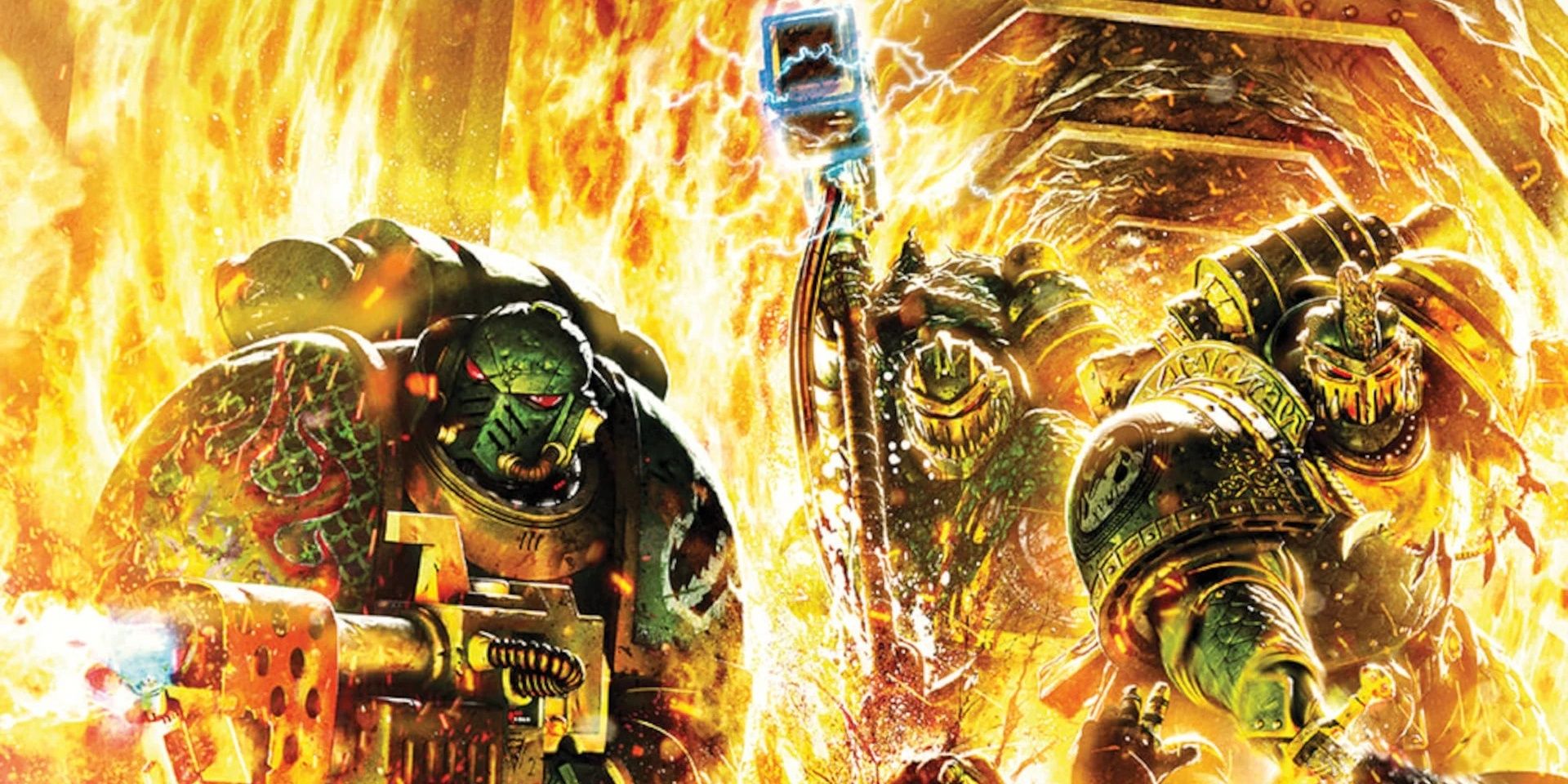 Three Salamanders Space Marines stand in a swirling inferno of their own making