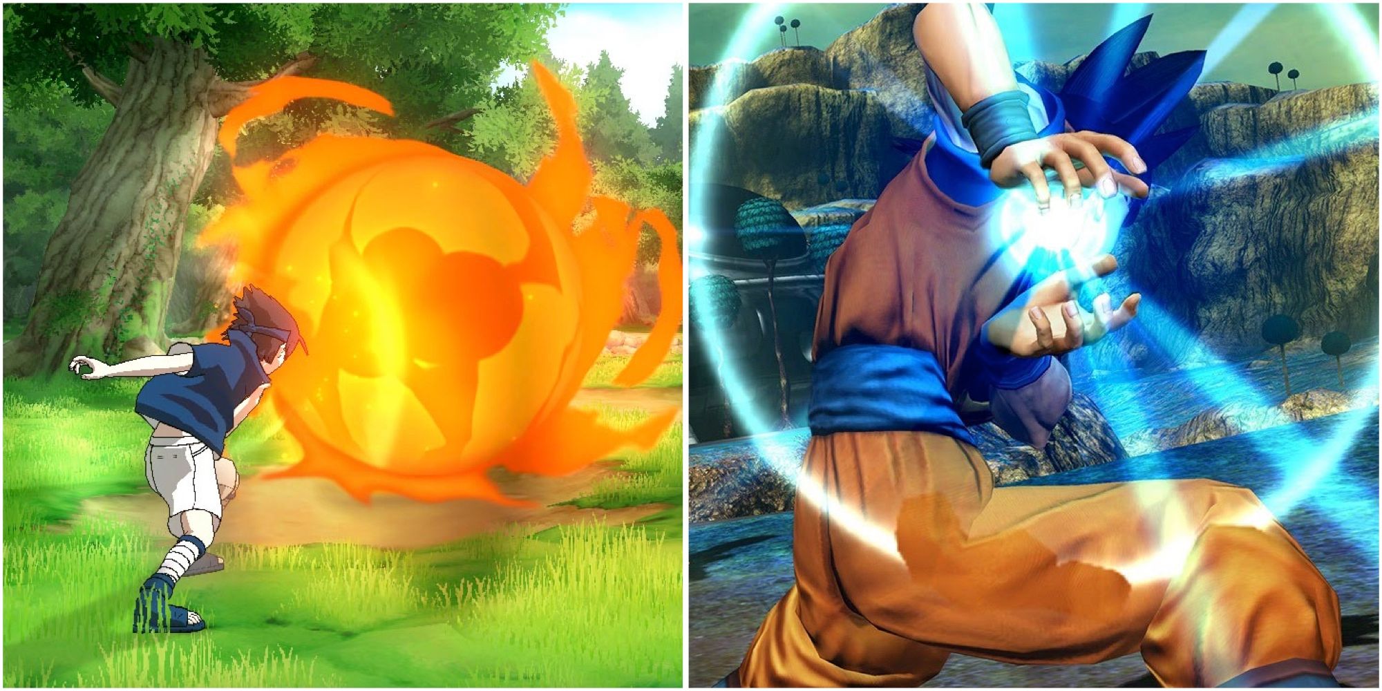 Sasuke shooting a fireball in Naruto Ultimate Ninja Storm and Goku charging up in J-Stars Victory VS+
