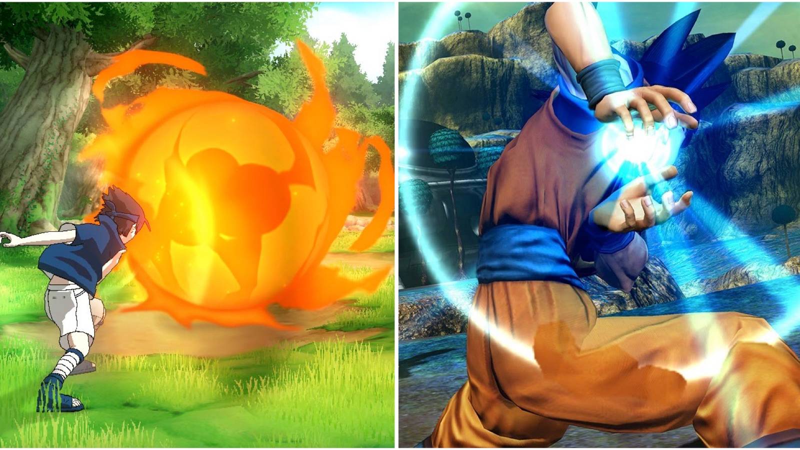 Sasuke shooting a fireball in Naruto Ultimate Ninja Storm and Goku charging up in J-Stars Victory VS+