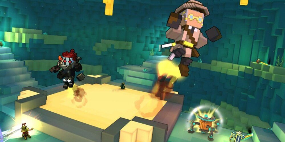 Characters Jetpacking Around An Area In Trove