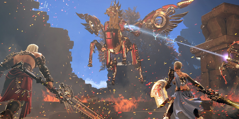 Two Warriors Attacking A Sky Boss In Skyforge