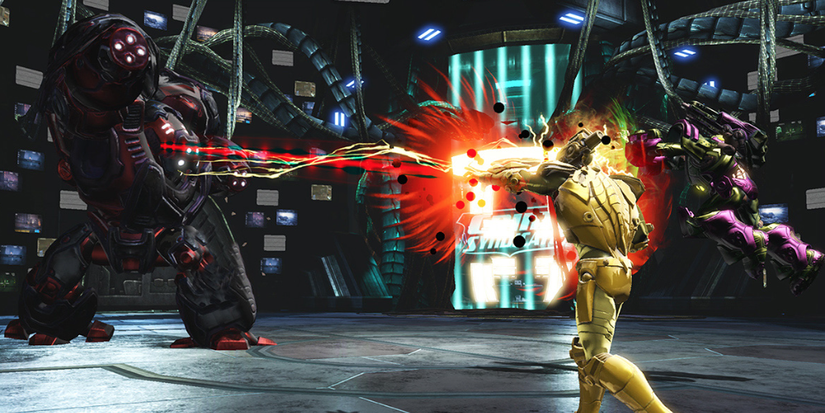 Two Heroes Attacking A Mechanical Boss In DC Universe Online
