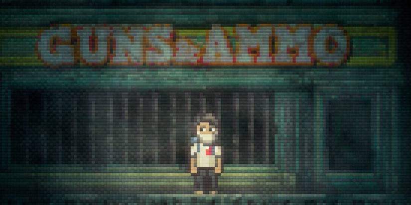 Man With Face Mask Standing In Front Of Guns & Ammo Store