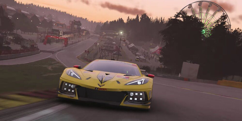 Yellow Car Driving Up A Hill With A Ferris wheel In The Background in Forza Motorsport (2023)