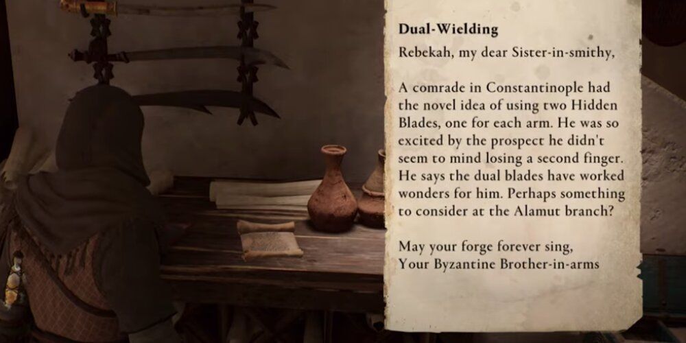 Basim Reading A Letter About Dual-Wielding Hidden Blades