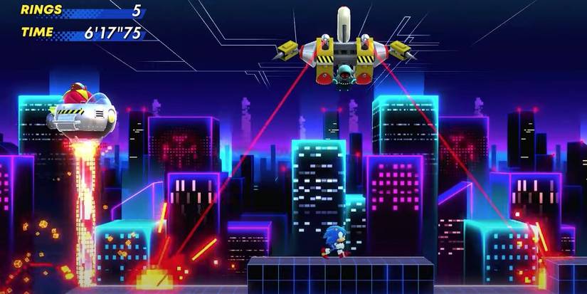 Sonic Avoiding Lasers With Eggman In The Background