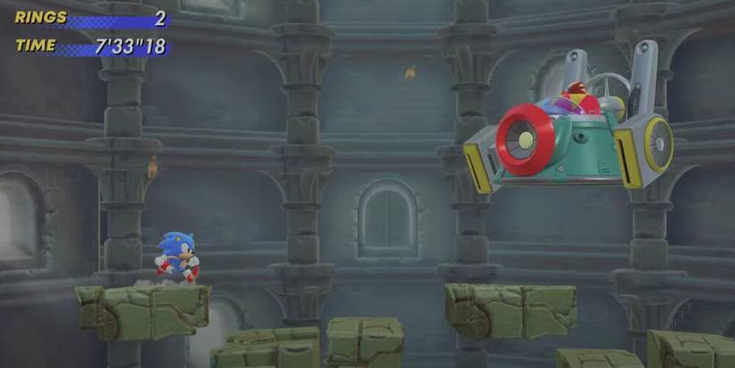 Sonic Standing On A Floating Platforms With Eggman To The Right Of Him