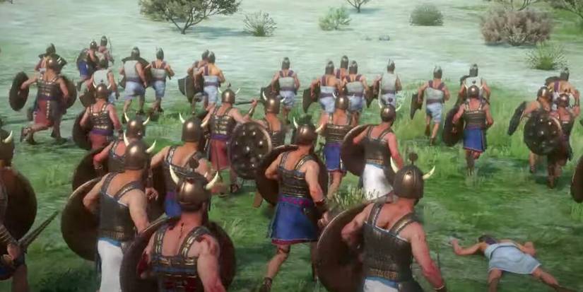 Army Running Down A Hill With Shields And Swords