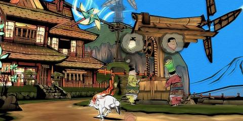 Amaterasu As A White Wolf Running Through A Village