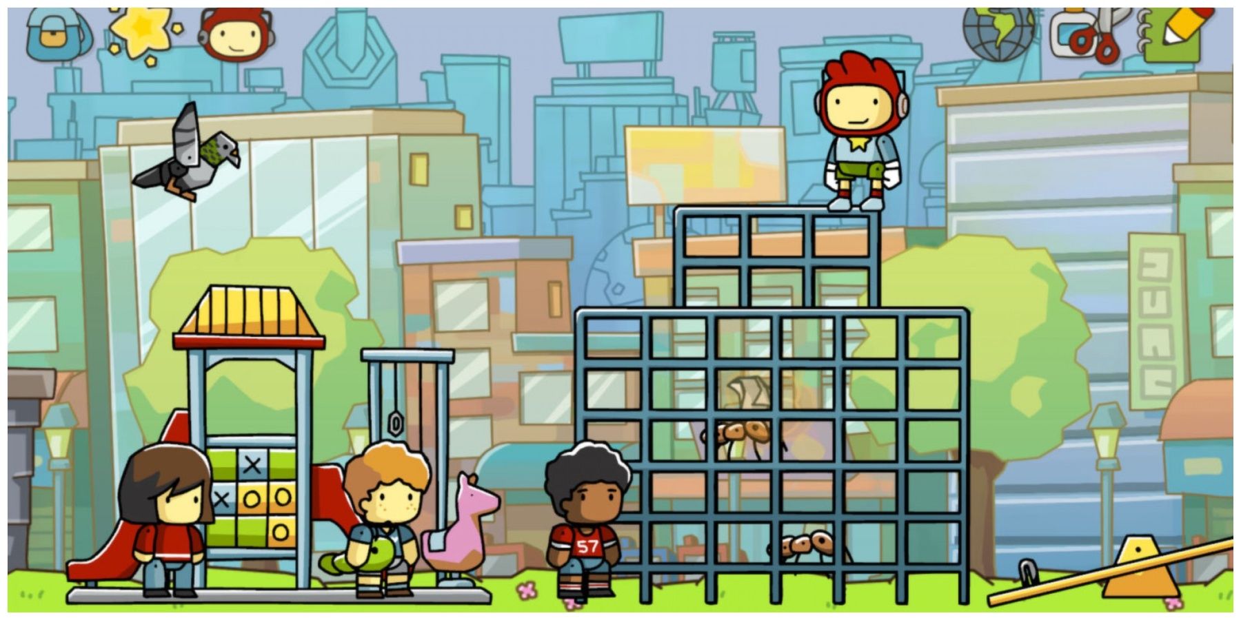 Maxwell standing on top of a play frame while other characters watch on