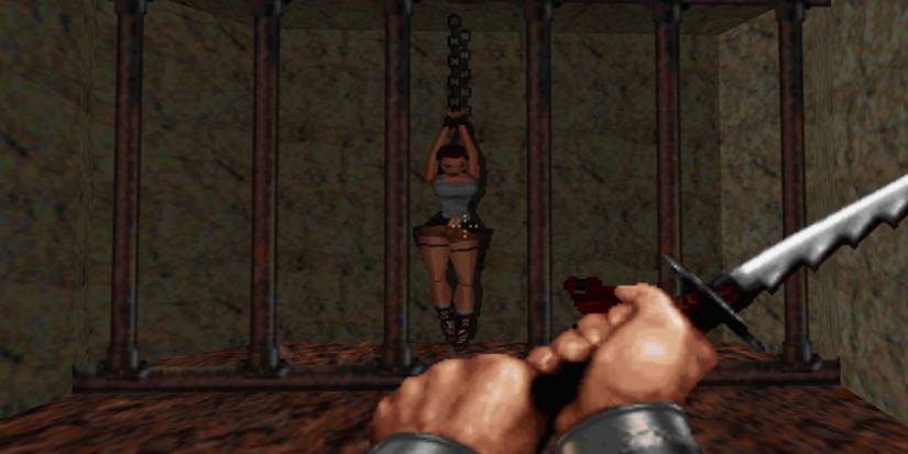 Lara Croft tied up and caged while the protagonist wields a sword